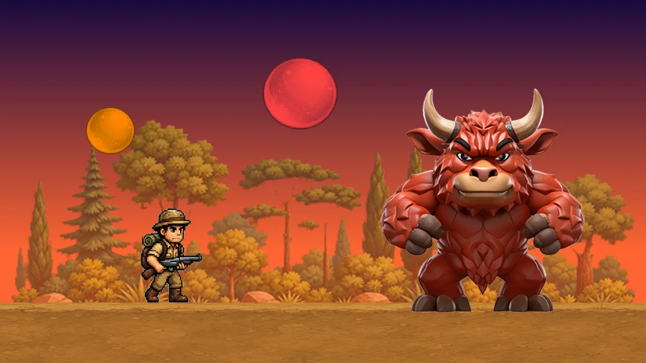 Combate contra el toro, jefe final del mundo de España, al atardecer.