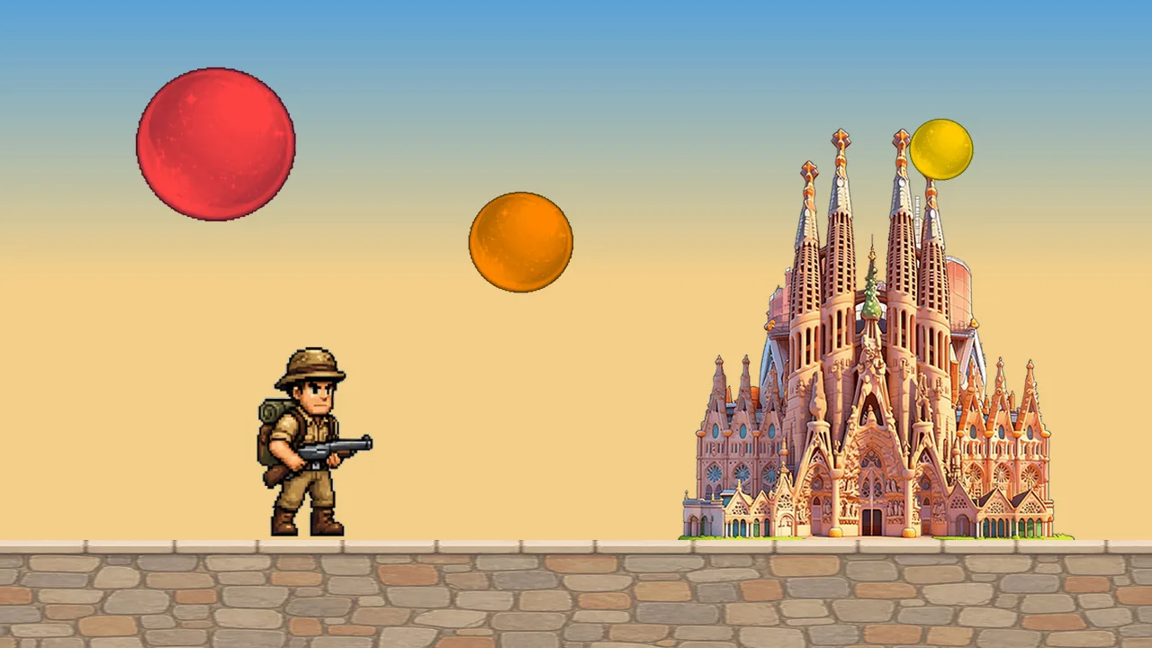 Nivel del mundo de España: el personaje apunta a tres burbujas junto a la Sagrada Familia.