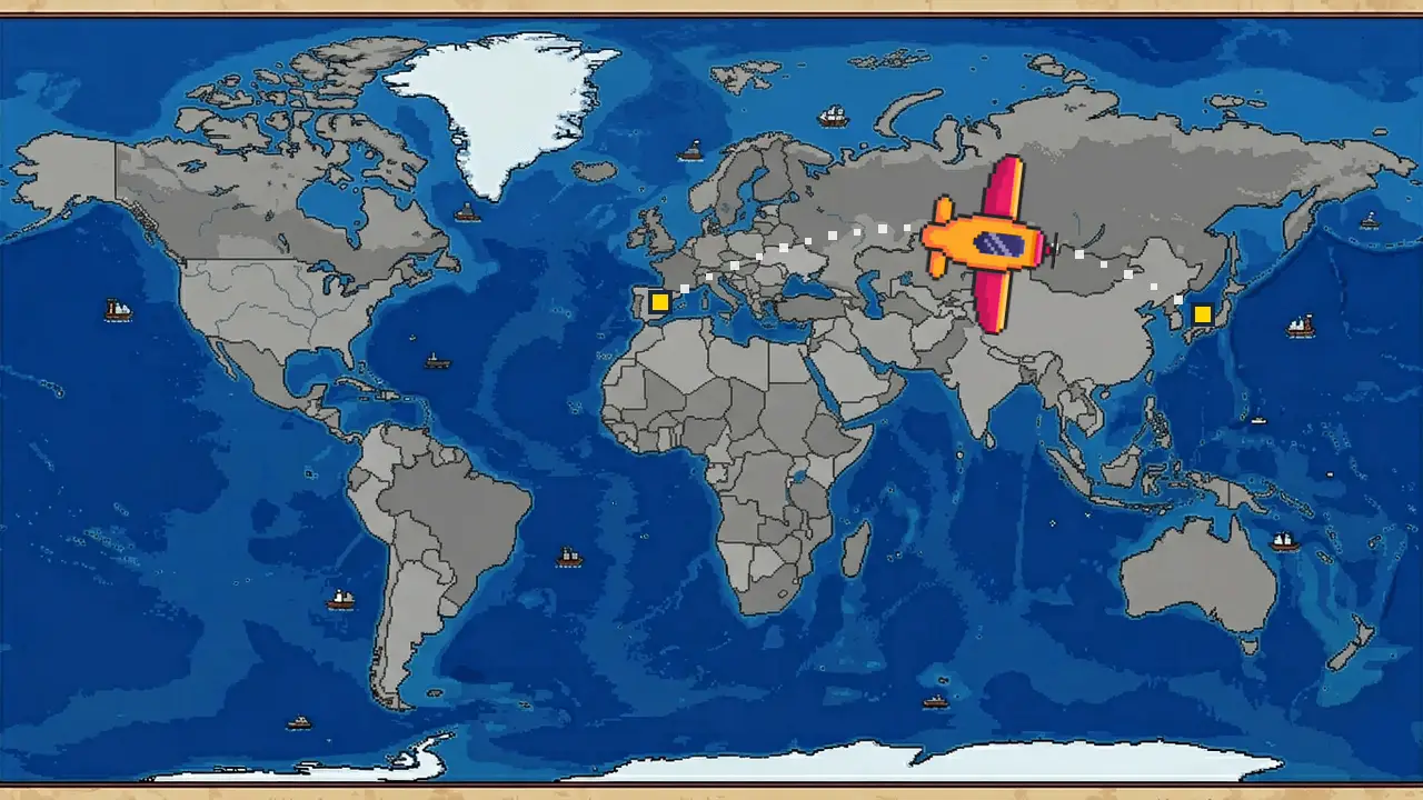 Mapa del mundo con la ruta trazada desde España hasta Japón y el avión a medio camino.